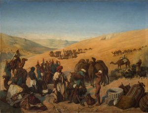 Halt von Karawanen an den Brunnen von Saba Beersheba in der Wüste südlich von Hebron, 1850 von Charles Louis Fredy de Coubertin