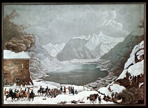 Napoleon Bonaparte (1769-1821) am St. Bernhard Pass Hospiz, 20. Mai 1800, graviert von Merou von Charles Louis Lucien Muller