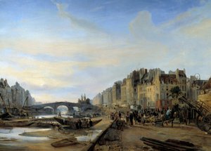 Marie-Brücke und Saint-Paul-Hafen um 1825. Ansicht von Paris. Gemälde von Charles Louis Mozin
