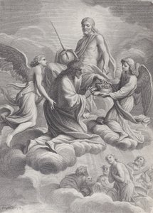 Saint Louis von Frankreich wird von Christus und zwei Engeln in den Himmel aufgenommen, die ihm die Krone anbieten