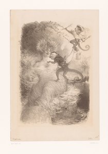 Frau mit Globus, Papierstapeln und zwei Affen von Charles Lucien Leandre