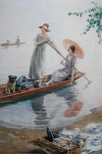 Zwei Mädchen mit ihrem Mops paddeln zurück zu ihrem Picknick von Charles MacIvor or MacIver Grierson