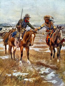 Das Treffen von Amerikanern und Ureinwohnern, die sich zu Pferd die Hände schütteln