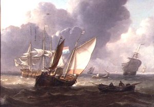 Niederländische Dreimaster und kleine Boote in einer Dünung