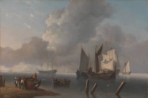 Kriegsschiffe vor Anker, der kommandierende Admiral wird zur Flaggschiff gerudert, deren Segel von einer Wolkenlücke beleuchtet werden