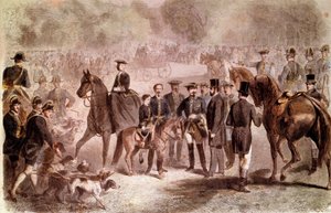 Napoleon III.: Die Jagdverabredung am Königsbrunnen nahe dem Wald von Compiègne während des Aufenthalts von König Wilhelm III. (1817-1890). Kolorierte Gravur von C. Maurand und G. Janet nach Fortris, veröffentlicht in „Le Monde illustré“ am 26.10.1861