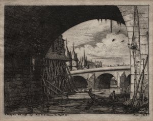 Radierungen von Paris: Ein Bogen der Notre-Dame-Brücke von Charles Meryon