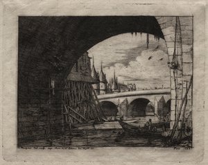 Radierungen von Paris: Ein Bogen der Notre-Dame-Brücke von Charles Meryon