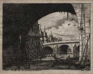 Radierungen von Paris: Ein Bogen der Notre-Dame-Brücke von Charles Meryon