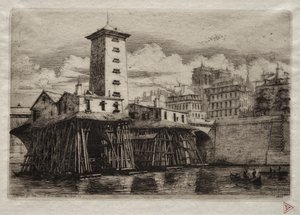 Radierungen von Paris: Die Notre-Dame-Pumpe von Charles Meryon