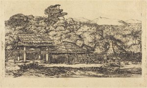 Einheimische Scheunen und Hütten in Akaroa, Banks-Halbinsel, 1845 von Charles Meryon