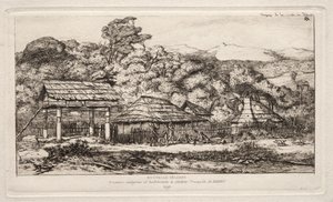 Einheimische Scheunen und Hütten in Akaroa, Banks-Halbinsel, 1845 von Charles Meryon