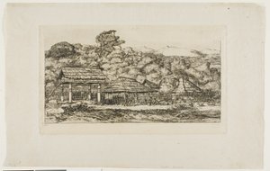 Einheimische Scheunen und Hütten in Akaroa, Banks-Halbinsel, 1845 von Charles Meryon