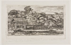 Einheimische Scheunen und Hütten in Akaroa, Banks-Halbinsel, 1845 von Charles Meryon