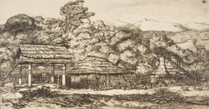 Einheimische Scheunen und Hütten in Akaroa, Banks-Halbinsel, 1845, 1860 von Charles Meryon