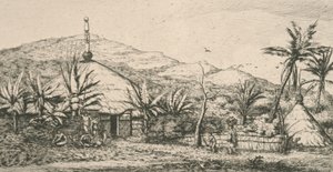 Neukaledonien, Nouvelle Calédonie: große indigene Hütte auf dem Spazierweg nach Poepo, Illustration aus "Etching of the Pacific...", 1863