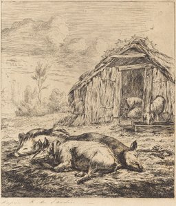 Die drei Schweine liegen vor dem Stall von Charles Meryon after Karel Dujardin