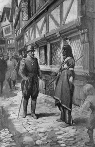 Kapitän John Smith trifft einen indianischen Freund aus Virginia beim Spaziergang durch The Strand in London
