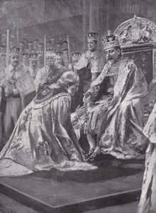 Huldigung des Erzbischofs von Canterbury bei der Krönung von König Edward VII., Westminster Abbey, London, 1902 von Charles Mills after Sheldon