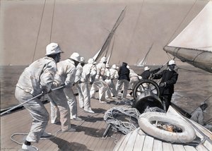 Das Hissen des Hauptsegels an Bord der Brynhild, einem Rennboot, Gewinner des Königspokals von Charles Murray Padday