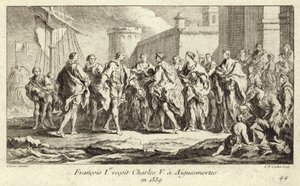 König Franz I. von Frankreich empfängt Kaiser Karl V. in Aigues-Mortes von Charles Nicolas II Cochin