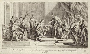 König Johann II. von Frankreich, in London von den Engländern gefangen gehalten, gibt einer Abordnung aus Languedoc eine Audienz