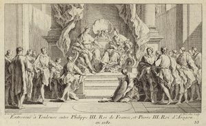 Treffen in Toulouse zwischen König Philipp III. von Frankreich und König Peter III. von Aragon von Charles Nicolas II Cochin