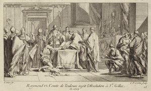 Raymond VI., Graf von Toulouse, demütigt sich in der Kirche von St. Gilles, um seine Exkommunikation aufheben zu lassen