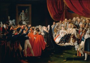Frankreich, Versailles, Die Herzogin von Berry stellt den Herzog von Bordeaux den Zuschauern vor
