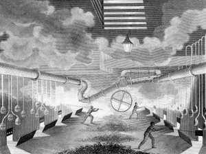 Gesamtansicht eines Gaswerks, zeigt Retorten, die geladen werden, 1835
