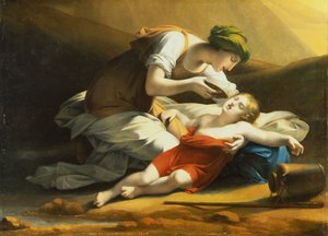 Hagar gibt Ismael Wasser aus dem wundersamen Brunnen in der Wüste von Charles Paul Landon