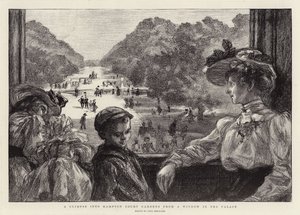Ein Blick in die Gärten von Hampton Court von einem Fenster im Palast