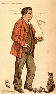 François Coppée raucht eine Zigarette und mit Katzen
