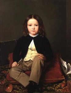 Porträt eines Jungen, der auf einem Kissen sitzt und ein Horn hält von Charles Paulin Francois Matet