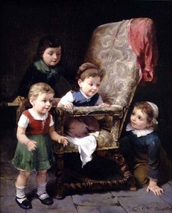 Kinder spielen um einen Stuhl von Charles Petit