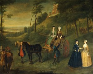 Damen und Ehrendamen im Greenwich Park: Eine Gruppenporträt von Juliana, Herzogin von Leeds, Lady Charlotte Hamilton, Lady Isabella Tufton und Henrietta, Gräfin von Pomfret, alle in Reitkleidung, mit Stallbursche und Pferden vor dem Observatorium, 173
