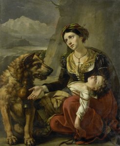 Ein Bernhardinerhund kommt einer verlorenen Frau mit einem kranken Kind zu Hilfe von Charles Picqué