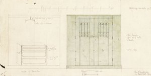 Entwurf für einen Kleiderschrank, in Aufriss der Vorderseite und des Inneren dargestellt, ca. 1899-1900