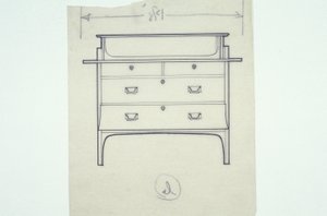 Linienzeichnung eines Möbels (eine Sitzbank mit bemalten Paneelen), ca. 1910
