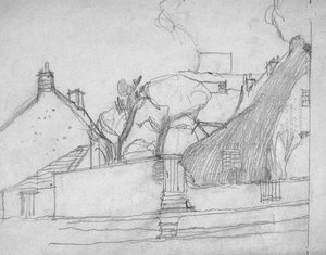Skizze eines englischen Dorfes mit Strohdach im Vordergrund, ca. 1920 von Charles Rennie Mackintosh