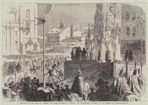 Krönung des Königs von Ungarn, der König schwört, die Verfassung vor der Kirche in Pesth zu wahren