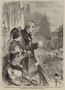 Die Midlothian-Wahl, Mr. Gladstone spricht die Menge vom Balkon des Hauses von Lord Rosebery in der George-Street, Edinburgh, Montag, 5. April, acht Uhr abends an von Sir John Charles Robinson