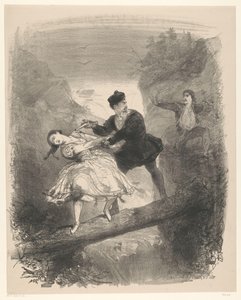 Ballettszene mit Mann und Frau über Abgrund