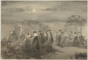 Gesellschaft von Damen und Herren in einem mondbeschienenen Hof mit Rosensträuchern von Charles Rochussen