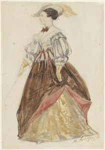 Frau in reichem Kostüm, mit Hut und Peitsche in der Hand von Charles Rochussen