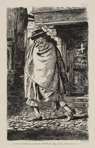 Eine verhüllte Gestalt, die durch die Straße geht (zur Zeit der Pest in London)