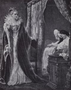 Gräfin von Nottingham bringt den Ring des Earl of Essex zu Königin Elizabeth I. zurück, aber zu spät, um ihn vor der Hinrichtung zu retten (Lithografie) von Charles Soubre