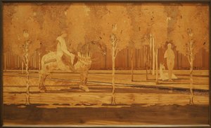 Die Dame und das Einhorn 1925 (Eiche und Intarsien aus verschiedenen Hölzern) von Charles Spindler