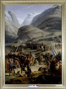 Die französische Armee im Dorf Saint Pierre für die Überquerung des Saint Bernard Passes (frühes 19. Jahrhundert) von Charles Thevenin