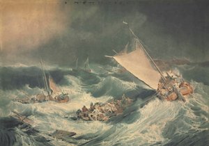 Ein Schiffswrack mit Booten, die versuchen, die Besatzung zu retten